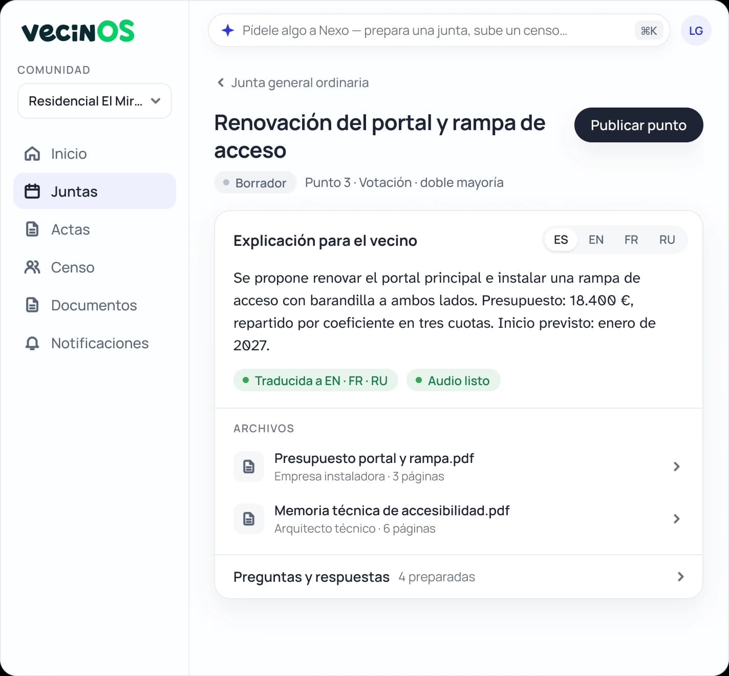 Pantalla de vecinOS para la administración: el punto 3 con su explicación para el vecino, traducida a inglés, francés y ruso, y sus archivos.