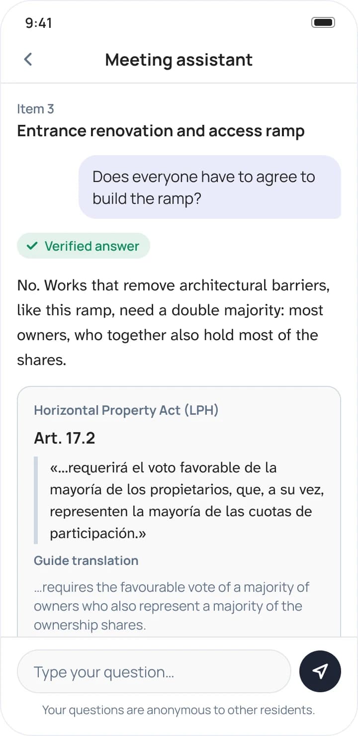 El asistente de junta responde en inglés si hace falta que todos estén de acuerdo para construir la rampa, citando el artículo 17.2 de la LPH.