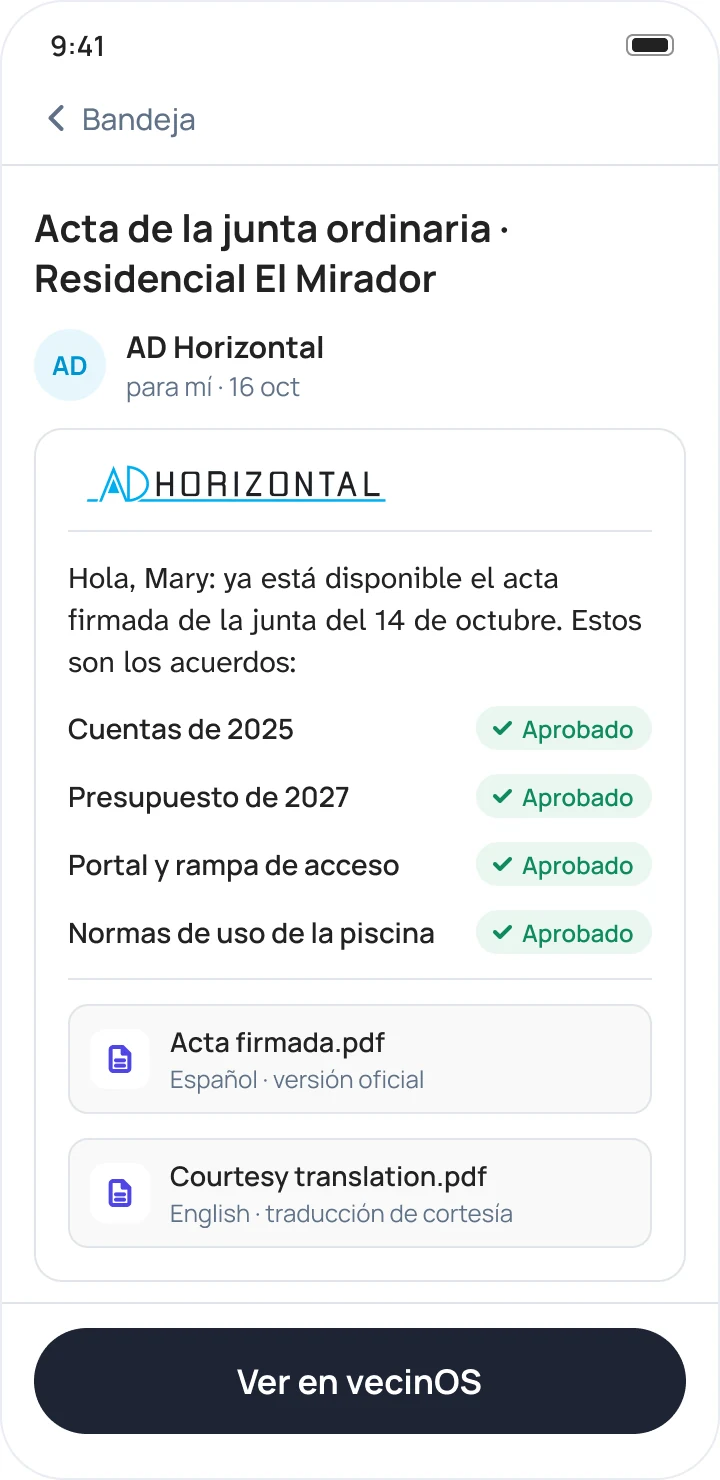 Correo de la administración AD Horizontal con los acuerdos aprobados y el acta adjunta en español y en inglés