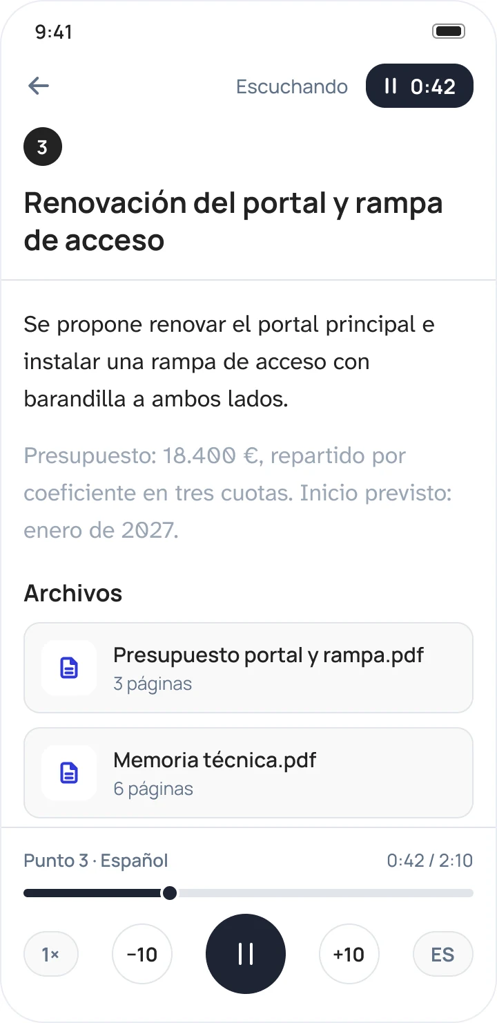 Pantalla del punto 3 con la audiolectura en marcha