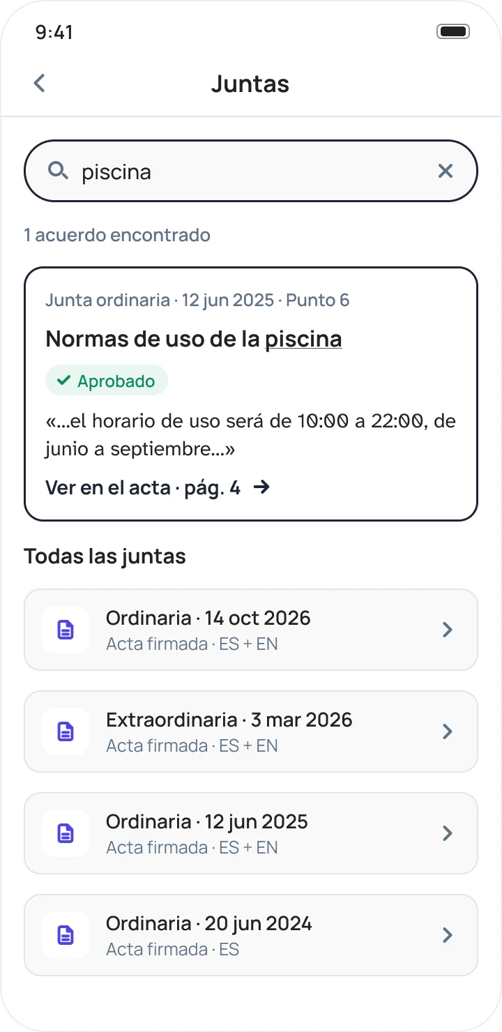 Búsqueda de «piscina» en el histórico de juntas, con el acuerdo y la página del acta