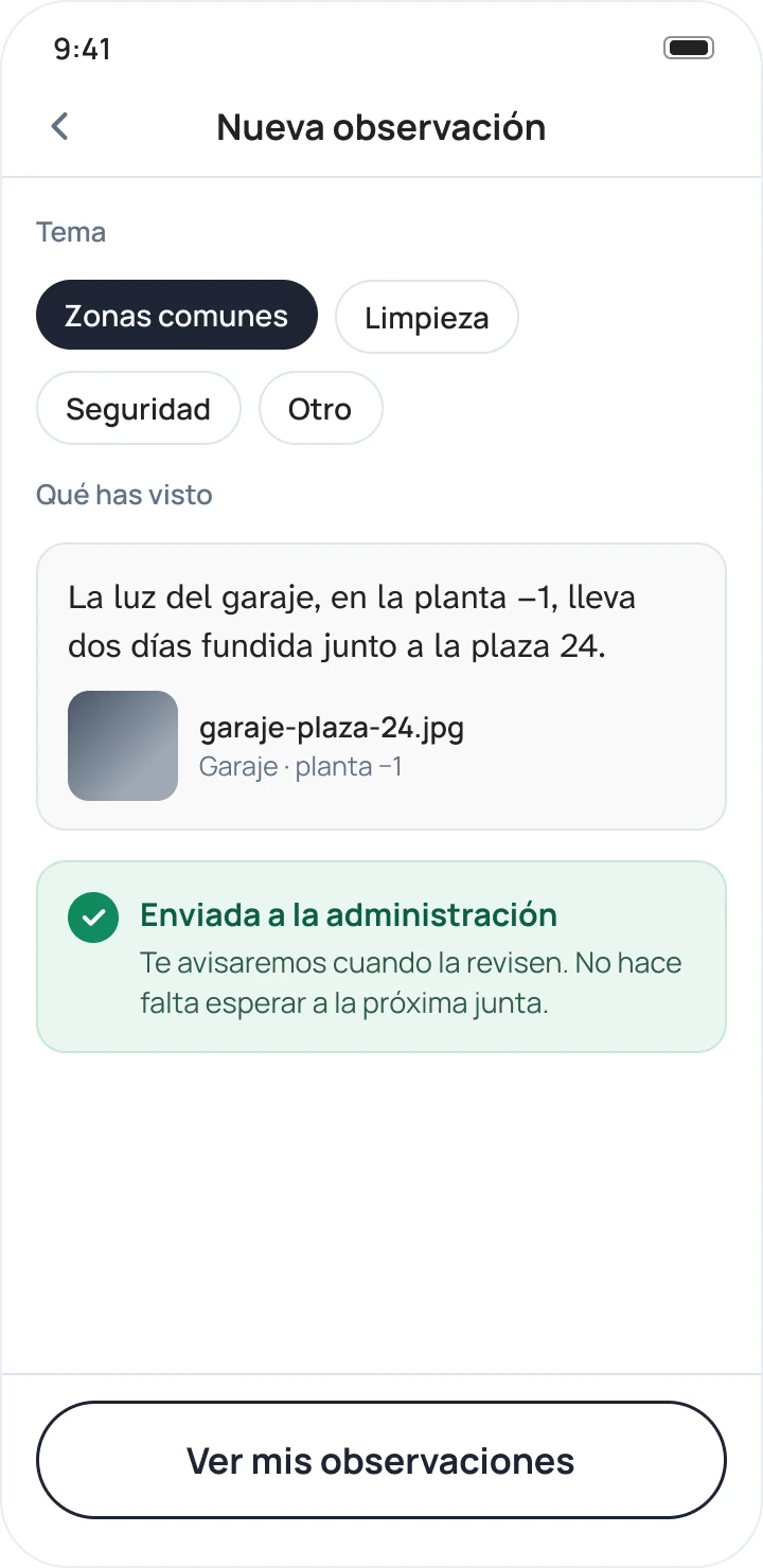 Observación sobre la luz del garaje enviada a la administración