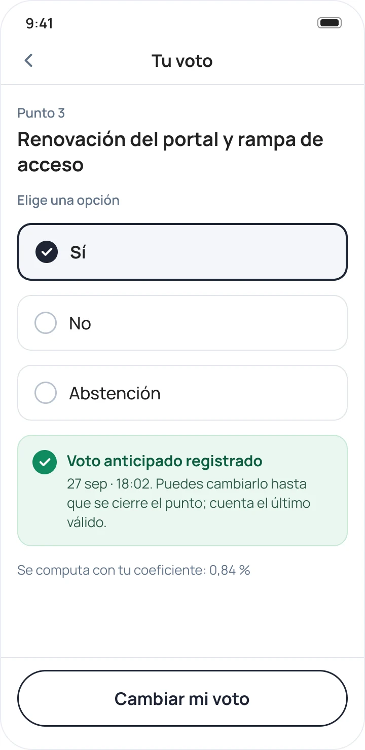 Confirmación de voto anticipado, con la opción de cambiarlo